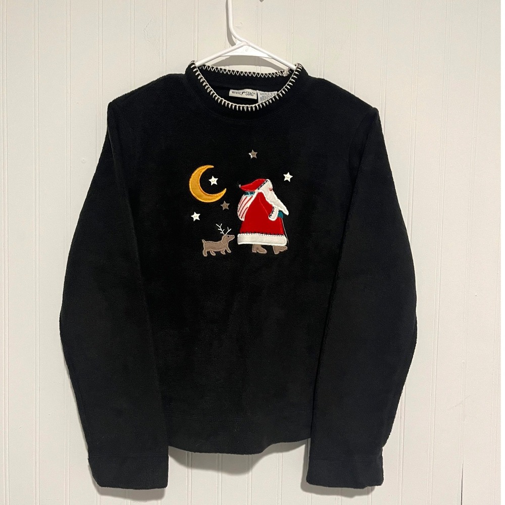 White Stag Fleece Sweatshirt Womens Small 4/6 Black Santa Reindeer Star